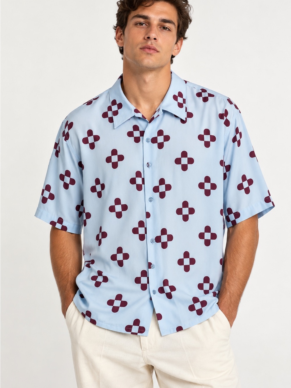 Sandro Light Blue Short-Sleeve Button-Down with Burgundy Geometric Print